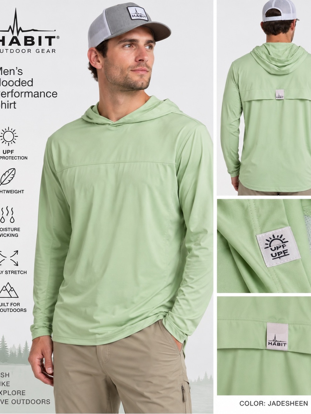 Habit Outdoors Men’s UPF Hooded Sun Shirt Jadesheen Green Small NWT